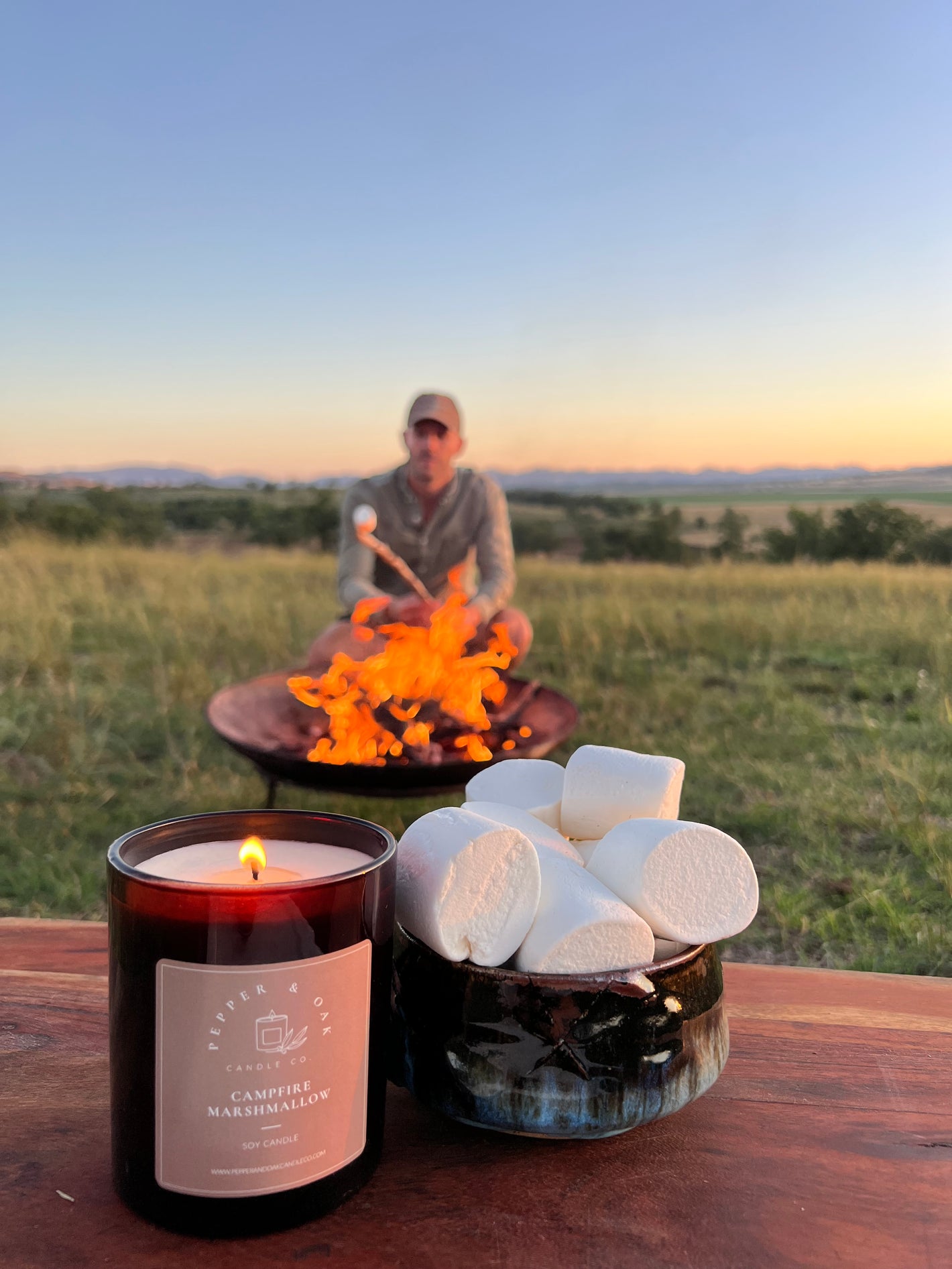 Pepper & Oak Candle outdoors